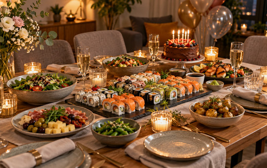 Праздничный стол с роллами, горячими блюдами, салатами и тортом